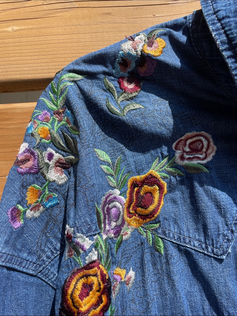 Zara Embroidered Blue Denim Jacket - Floral Shoulder Detail
